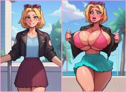 ai_assisted ai_generated amphibia amphibia_(finale) amphibia_(series) ass_expansion before_and_after big_ass big_breasts bimbo_body bimbo_lip bimbo_lips bimbofication bimbofied blonde_hair blue_eyes blush blushing boobs_bigger_than_head bra breast_expansion butt_expansion clothes_transformation embarrassed embarrassed_female exterior glasses_on_head hourglass_expansion hourglass_figure hourglass_figured_female huge_ass huge_breasts huge_butt large_ass large_breasts lip_expansion mascara outdoors pink_lips pink_lipstick sasha_waybright scared scared_expression sequence shocked shocked_expression short_hair skirt sunny thick thick_ass thick_legs thick_thighs transformation transformation_sequence