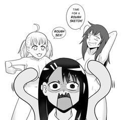 3girls big_breasts black_hair blonde_hair breasts censored cleavage clothed clothing earrings english_text female_focus female_only gamo-chan hayase_nagatoro long_hair looking_at_viewer medium_hair monochrome open_mouth please_don't_bully_me,_nagatoro pose simple_background skinny smile standing szmitten text white_background yoshi_(nagatoro)