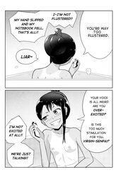 1girls areolae bathroom bathtub black_hair blush breasts comic english_text female_focus hayase_nagatoro laying_down long_hair monochrome naoto_hachioji_(senpai) nipples nude phone please_don't_bully_me,_nagatoro simple_background small_breasts smile szmitten tanline tanned text white_background