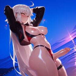 1futa ahoge ai_generated arms_behind_head arms_up bangs beach bikini black_bikini black_choker black_jacket blush breasts breasts_out choker clauss cropped_jacket cum dutch_angle erection fate_(series) futanari hair_between_eyes heart heart-shaped_pupils jacket jeanne_d'arc_alter_(fate) large_breasts large_penis long_hair looking_at_viewer navel nipples o-ring o-ring_bikini ocean outdoors penis shiny_skin sky solo sweat swimsuit symbol-shaped_pupils testicles thigh_strap uncensored very_long_hair water white_hair yellow_eyes