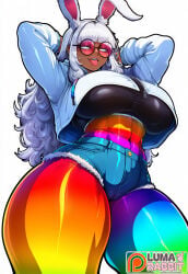 1girl 2026 2d abs absurd_res absurd_resolution absurdres ai_generated animal_ears arms_behind_head arms_up blunt_bangs breasts crop_top cropped_hoodie curvy dark-skinned_female dark_skin denim denim_shorts glasses hi_res high_quality high_resolution highres hood hoodie huge_breasts image large_breasts long_hair looking_at_viewer luma_(lumarabbit) lumarabbit multicolored_clothes original pantyhose patreon patreon_logo patreon_username rabbit_ears rabbit_girl round_eyewear short_shorts shorts simple_background solo sunglasses tail thick_thighs thighs tinted_eyewear tongue tongue_out uncensured very_dark_skin watermark white_background white_hair