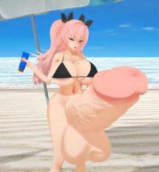 3d applying_sunscreen beach beach_chair bikini_top crybabyfuta futanari green_eyes huge_breasts huge_cock hyper koikatsu nicole_demara pink_hair solo_futa stroking_penis sunscreen tagme zenless_zone_zero