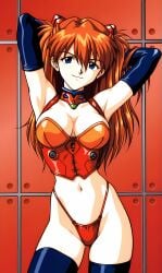 ai_generated asuka_langley_sohryu blue_eyes corset evangelion leather_clothing long_hair neon_genesis_evangelion pixai plugsuit red_clothing red_hair smug_face thong