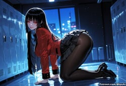1girl ai_assisted ai_generated ass bangs black_footwear black_hair black_legwear black_skirt blunt_bangs breasts curvaceous curvy curvy_female curvy_figure eyebrows_visible_through_hair female hime_cut indoors jabami_yumeko jacket kakegurui large_breasts loafers long_hair long_sleeves looking_at_viewer miyuai night pantyhose pleated_skirt red_eyes red_jacket school_uniform skirt smile solo thick thick_ass thick_butt thick_hips thick_legs thick_thighs very_long_hair voluptuous voluptuous_female wide_hips wide_thighs