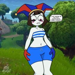 ablazemosquit0 boobs clown clown_girl cum dick fortnite jester jester_hat pomni_(beach_outfit) pomni_(tadc) pomni_(the_amazing_digital_circus) pussy speech_bubble spreading_thighs the_amazing_digital_circus thigh_job thighjob thighs