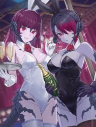2girls au_ra big_breasts black_bunny_ears black_hair black_leotard breasts breasts_out bunny_ears champagne dragon_girl enporion female final_fantasy_xiv horns large_breasts leotard long_hair origami_yukari red_eyes red_hair scales short_hair tail thighhighs white_bunny_ears white_leotard xaela