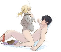 about_to_pound_the_fuck_outta_em anos_voldigoad anticipation artoria_pendragon artoria_pendragon_(fate) black_hair blonde blonde_female blonde_hair clothes_on_floor clothes_removed cowlick demon demon/human fair_skin fate/stay_night fate_(series) hand_to_own_mouth maou_gakuin_no_futekigousha red_eyes removing_clothing sitting_on_lap sitting_on_penis sitting_on_person smirk smirking smirking_face