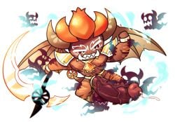 1boy abs alternate_version_available ambiguous_gender bael_dragon_cookie_(hornbunxx) big_balls big_penis body_hair body_markings brown_eyes cock_ring cookie cookie_run disembodied_hand disembodied_hands dragon_horns dragon_tail dragon_wings dubious_consent erection flying ghost ghost_hands gold_accessory grabbing grabbing_penis half-dressed half_naked holding_object holding_weapon hornbunxx horns huge_cock leaking_precum looking_uncomfortable male male_only muscles muscular muscular_male nipples orange_hair original_character pecs precum pubic_hair scythe simple_background solo spirit tail tanned_skin tusks weapon wings