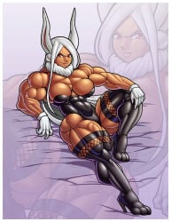 1girls breasts bunny_ears bunny_girl bunnysuit dark-skinned_female dark_skin female forsakun laying_down laying_on_bed looking_at_viewer miruko muscle_fetish muscles muscular muscular_arms muscular_female my_hero_academia red_eyes rumi_usagiyama superheroine tongue_out white_hair