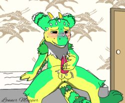 anus bedroom cum cum_drip cum_on_penis door dutch_angel_dragon dutchie furred_dragon furry furry_ears green_body green_eyes green_fur green_hair green_tail male red_penis room sex solo solo_focus solo_male tail