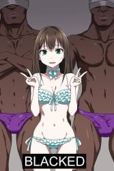 1girls 2boys bikini blacked brown_hair bulge dark-skinned_male green_eyes idolmaster idolmaster_cinderella_girls imminent_sex interracial light-skinned_female long_hair looking_at_viewer muscular muscular_male nervous peace_sign shibuya_rin speedo