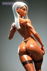 1girl 3d 3d_render abs ai_assisted ai_generated ass choker dark_skin devious devious_smile g_string green_eyes long_hair muscle_definition oiled_body proud punk realistic render seductive seductive_look serious standing sultry toned topless white_hair wide_hips