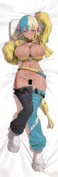 1girl absurdres alternate_breast_size_(larger) arm_up bar_censor blonde_hair blue_eyes blue_hair blush breasts canari_(pokemon) censored commentary_request dakimakura_(medium) full_body highres huge_breasts large_areolae long_sleeves looking_at_viewer lying multicolored_hair navel nipples on_back pokemon pokemon_legends:_z-a ring_light_reflection smile solo stomach thighs two-tone_hair uo_denim v