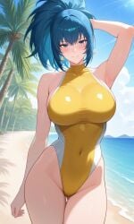 1girls ai_generated bikini blue_eyes blue_hair king_of_fighters leona_heidern light-skinned_female light_skin long_hair pale-skinned_female pale_skin ponytail