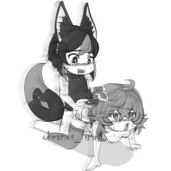 1boy 1girl blush chibi chibi_style collei_(genshin_impact) doggy_style female female_penetrated fox_boy fox_ears fox_tail from_behind_position genshin_impact hips_grab male male/female male_penetrating on_all_fours open_mouth sex straight sweat tail tighnari_(genshin_impact)