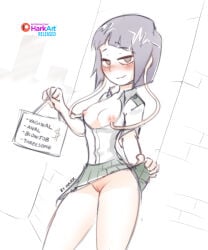 1girl artist_name audio_jack blush breasts breasts_outside clothes_lift english_text flashing green_skirt harkart holding holding_sign kyoka_jiro lifting_own_clothes looking_at_viewer medium_breasts my_hero_academia nipples no_bra no_panties open_clothes open_shirt pleated_skirt prostitution public_indecency purple_hair pussy school_uniform shirt short_hair short_sleeves sign sketch skirt skirt_lift small_breasts smile solo u.a._school_uniform uncensored white_shirt