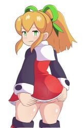 :3 ass ass_grab ass_lift back_view blonde_hair grabbing_own_ass green_bow green_eyes looking_at_viewer mega_man mega_man_(classic) roll smug