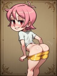 ai_generated arched_back ass ass_cleavage ass_crack ass_up butt_cleavage butt_crack flat_chest minishorts narrow_waist no_panties no_panties_under_shorts petite pink_hair pulling_down_pants red_eyes short_hair skullgirls smile umbrella_(skullgirls) undressing white_shirt yellow_shorts