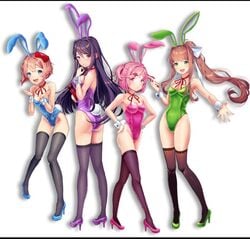 4girls accurate_art_style blue_heels blue_stockings bow brown_hair brown_stockings bunny_ears bunnysuit doki_doki_literature_club female female_only game green_eyes green_heels happy heels high_heels holding_object latex looking_at_viewer looking_back monika_(doki_doki_literature_club) multiple_girls natsuki_(doki_doki_literature_club) no_bra no_panties open_mouth pink_eyes pink_hair pink_heels pink_stockings purple_eyes purple_hair purple_heels purple_stockings red_ribbon ribbon sayori_(doki_doki_literature_club) shiny_clothes shy small_breasts sprite_edit stockings tall tight_clothing transparent_clothing tsundere video_games wrist_cuffs yuri_(doki_doki_literature_club)