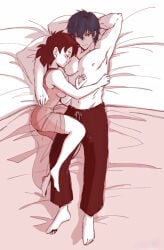after_sex anos_voldigoad black_hair blush blushing cuddling cuddling_up_together demon demon_male dragon_ball_super dragon_ball_z fair_skin gine in_shape leg_over_thigh lingerie maou_gakuin_no_futekigousha saiyan saiyan_female sleeping sleeping_together snuggling