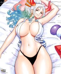 1girls arm_above_head bed belly_button big_breasts black_panties blue_hair breasts_bigger_than_head brown_eyes earrings gold_earrings hair_stick horns iury_padilha light-skinned_female looking_at_viewer one_piece open_shirt pillow pink_pillow ponytail red_horns shonen_jump smile smiling_at_viewer solo solo_female thick_thighs two-tone_hair white_hair white_sheets white_shirt yamato_(one_piece)