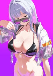 1girl absurdres ak-12_(girls'_frontline) bikini black_bikini bottomless breasts car_keys cleavage closed_eyes closed_mouth collarbone commentary_request cowboy_shot cropped_shirt dot_nose girls'_frontline girls'_frontline_2:_exilium grey_hair groin highres jacket koleda_(girls'_frontline_2) large_breasts long_hair lord-erica navel open_clothes open_shirt polo_shirt pubic_hair purple_background shiny_clothes shiny_skin shiny_swimsuit simple_background skindentation smile solo standing stomach string_bikini sunglasses swimsuit white_hair white_jacket