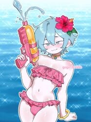 1boy 2d :3 bikini blue_eyes blue_hair blush bracelet bulge bulge_through_clothing choker collarbone color cute femboy feminine_male flower flower_in_hair front_view gogo_bubble gold_(metal) hair_ornament half-closed_eyes hand_up head_tilt holding holding_object light_skin looking_at_viewer male male_only mole mole_under_eye navel original original_character outdoors pendant pendant_choker penis_bulge pink_bikini ruffles skimpy skimpy_clothes slim slim_waist smooth_skin solo solo_focus standing swimsuit thighs two-piece_swimsuit water water_gun