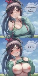 ... 1girls 2koma aged_up ai_generated bare_shoulders big_breasts bra_lift bra_strap bra_strap_is_showing_(meme) breasts cleavage confident dialogue disney english_text facing_viewer female flashing flashing_breasts green_bra large_breasts lifting_bra lifting_shirt looking_at_viewer meme nipples nokani self_upload shirt_lift shirt_lifted_by_self showing_breasts smile smug solo speech_bubble talking text upper_body vanellope_von_schweetz wreck-it_ralph