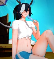 1other :3 antlers beach black_hair crop_top dock exposed_midriff freckles glasses gym_shorts hair_streak heterochromia koikatsu nonbinary original_character painted_nails ponytail popsicle scar si1lver sky_background summer sweat sweaty_body tattoo tied_shirt