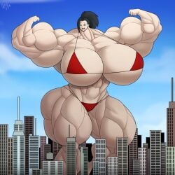 1girls alternate_breast_size alternate_version_available bikini bikini_bottom bikini_only bikini_top black_hair breasts_bigger_than_head city cityscape female flexing flexing_arms forsakun giantess gigantic_breasts hyper hyper_breasts hyper_muscles macro massive_breasts momo_yaoyorozu mouth_open muscle_fetish muscles muscular muscular_arms muscular_female muscular_thighs my_hero_academia ponytail red_bikini sky superheroine thighs