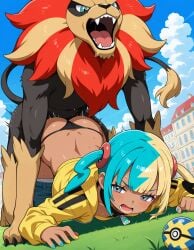 1boy 1girls ai_generated all_fours black_panties blue_eyes blue_hair blue_nails canari_(pokemon) canary_(pokemon) clothed_sex kaenjishi nail_polish open_mouth outdoors panties pants_down partially_clothed pokegangubako_(poke_toy_box) pokemon pokemon_legends:_z-a pokephilia pyroar questionable_consent sex sweat top-down_bottom-up two-tone_hair yellow_hair yellow_nails