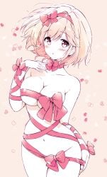 1girls akina_tsukako big_breasts blonde blonde-haired_female blonde_female blonde_hair blush breasts breasts_out brown_eyes covered_nipples djeeta_(granblue_fantasy) exposed_breasts female granblue_fantasy hands_on_breasts large_breasts naked_ribbon nude nude_female short_hair