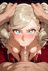 1boy 1girl :>= ai_generated ann_takamaki blonde_hair blue_eyes blush breasts erothus fellatio hair_ornament hairclip heart heart-shaped_pupils hetero looking_at_viewer medium_breasts nipples nude oral penis persona persona_5 pov solo_focus sweat symbol-shaped_pupils thighhighs twintails uncensored veins