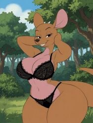 ai_generated big_ass big_breasts bra disney disney_mom enfermosic28 hands_on_head kanga kangaroo lace mom small_waist thighhighs thong underwear