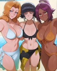 3girls ai_generated armpits asymmetrical_docking bare_shoulders beach bikini black_bikini black_eyes black_hair bleach bleach:_the_thousand-year_blood_war blonde_hair blue_bikini blue_eyes blunt_bangs blush breast_press breasts cleavage closed_mouth collarbone dandanhub dark-skinned_female dark_skin front-tie_bikini_top front-tie_top large_breasts long_hair looking_at_viewer matsumoto_rangiku medium_breasts mole mole_under_eye mole_under_mouth multiple_girls navel orange_bikini orange_hair outdoors parted_bangs ponytail purple_hair rangiku_matsumoto sarong selfie shihouin_yoruichi short_hair short_hair_with_long_locks side-tie_bikini_bottom small_breasts smile soifon stomach sui-feng swimsuit thighs water yoruichi_shihouin