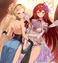2girls ass big_breasts blonde blonde-haired_female blonde_female blonde_hair blue_dress blue_eyes breasts brown_eyes djeeta_(granblue_fantasy) dress female fumato godsworn_alexiel granblue_fantasy large_breasts official_alternate_costume red_hair short_hair sideboob underbust variant_set white_dress
