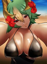 alternate_costume beach black_swimsuit cleavage covered_nipples fire_emblem fire_emblem_heroes green_hair hair_flower hug huge_breasts laegjarn_(fire_emblem) laegjarn_(summer)_(fire_emblem) looking_at_viewer male_pov multicolored_hair nintendo nipple_bulge ocean okaimikey one-piece_swimsuit pov pov_eye_contact pov_hug red_eyes seaside smile swimsuit