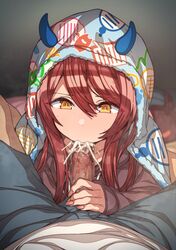 1boy blush censored cum cum_in_mouth erection erere eyebrows_visible_through_hair fellatio female hair_between_eyes idolmaster idolmaster_shiny_colors long_hair long_sleeves mosaic_censoring oosaki_tenka oral overflow penis penis_grab pov red_eyes shiny shiny_hair solo_focus straight yellow_eyes