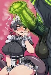 1boy1girl ai_generated balls big_balls blush cock_worship ellen_joe ethereal_(zenless_zone_zero) heart heavy_breathing hetero horse_penis huge_balls huge_penis huge_testicles interspecies large_balls large_testicles maid_headdress maid_uniform massive_penis monster monster_penis nai_diffusion open_mouth penis_awe penis_worship pink_background shark_tail sharp_teeth short_hair stable_diffusion steam testicles thick_thighs thighs zenless_zone_zero