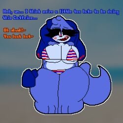 anthro bikini bikini_bottom bikini_top blurry_background blush blushing chaoticdream dogpressed_(eggritos) english female female_only frowning_critters furry no_visible_genitalia pixel pixel_(artwork) pixel_art poppy_playtime simple_background smile smiling smiling_critters tagme text