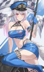 1girls au_ra big_breasts blue_thigh_boots breasts cleavage commission crop_top dragon_girl enporion female final_fantasy final_fantasy_xiv goggles goggles_on_head holding_flag horns large_breasts long_hair midriff miniskirt multicolored_eyes navel race_queen raen scales tail thigh_boots thighboots white_hair