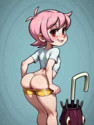 ai_generated arched_back ass ass_cleavage ass_crack ass_up butt_cleavage butt_crack flat_chest lustful_gaze minishorts narrow_waist no_panties nose_blush petite pink_hair pulling_down_pants red_eyes round_ass short_hair skullgirls smile umbrella_(skullgirls) undressing white_shirt yellow_shorts
