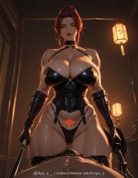 1boy 1girl abs ai_generated ass_visible_through_thighs bare_shoulders bdsm black_gloves black_panties bondage_outfit breasts bulge cameltoe choker cleavage collarbone corset dominatrix dual_wielding elbow_gloves femdom gloves hetero highleg holding holding_sword holding_weapon holding_whip huge_breasts indoors large_breasts latex latex_gloves leather leather_gloves lips lipstick looking_at_viewer makeup mature_female mole muscular nyx_x o-ring orange_eyes panties parted_lips pov pubic_tattoo questionable red_hair red_lips skindentation solo_focus sweat sword tattoo thick_thighs thighhighs thighs trembling underwear weapon whip yellow_eyes