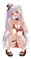 1girl absurdres bikini black_choker black_sandals blush breasts cameltoe choker collarbone commentary_request diamond_(shape) diamond_facial_mark double_v facial_mark grey_hair hat heart_on_cheek highres hizuki_higure honkai:_star_rail honkai_(series) mark_under_both_eyes medium_breasts mini_hat mini_top_hat purple_eyes red_bikini sandals simple_background solo sparkle_(honkai:_star_rail) sparxie_(honkai:_star_rail) squatting sweat swimsuit thigh_strap top_hat twintails v white_background