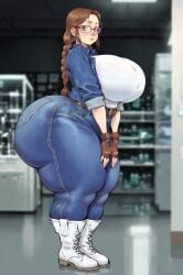 ai_generated brown_gloves brown_hair denim denim_clothing denim_jacket denim_jeans green_eyes huge_ass huge_breasts julia_chang laboratory laboratory_background tekken thick_thighs voluptuous voluptuous_body wide_hips