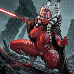 1girls ai_generated alien ass body_markings bottomless breasts c.c.leah cloak cloak_only colored_skin dark_side energy_sword exhibitionism female female_only holding jewelry large_breasts leg_tattoo lightsaber lips looking_at_viewer navel nipples outdoors pubic_hair rain red_lightsaber red_skin robe role_reversal shaak_ti shiny_skin sith solo squatting standing star_wars tentacle_hair thighs vaginal weapon white_hair