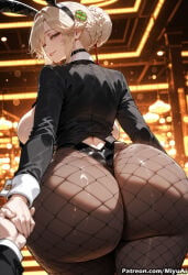 1girl ade_(agent_bunny)_(nikke) ade_(nikke) ai_assisted ai_generated animal_ears artoria_pendragon_(all) ass back bangs black_jacket black_leotard blonde_hair blush braid breasts bunny_ears bunny_girl bunnysuit curvaceous curvy curvy_female curvy_figure fake_animal_ears female fishnet_legwear fishnets french_braid from_behind goddess_of_victory:_nikke hair_ornament holding_hands jacket large_breasts leotard long_sleeves looking_at_viewer looking_back miyuai pantyhose smile solo_focus thick thick_ass thick_butt thick_hips thick_legs thick_thighs thighs voluptuous voluptuous_female wide_hips wide_thighs wrist_cuffs