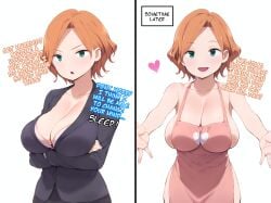 ai_art ai_generated altered_common_sense apron_only before_and_after big_breasts breasts cleavage collarbone comic crossed_arms curly_hair female_only femsub green_eyes heart housewife huge_breasts looking_at_viewer maledom naked_apron office_lady open_mouth orange_hair short_hair simple_background standing stepfordization text trigger white_background