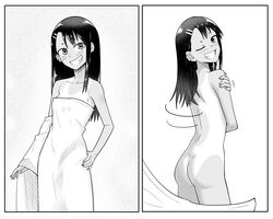 1girls ass black_hair blush breasts cleavage clothed clothing earrings female_focus female_only hayase_nagatoro long_hair looking_back monochrome please_don't_bully_me,_nagatoro revealing_clothes simple_background skinny small_ass small_breasts smile solo standing szmitten tanline tanned undressing white_background wink