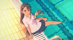 1girls black_hair blush breasts brown_eyes cleavage clothed clothing female_focus female_only hayase_nagatoro long_hair looking_at_viewer medium_breasts neat open_mouth please_don't_bully_me,_nagatoro pool pose revealing_clothes simple_background sitting skirt solo swimsuit